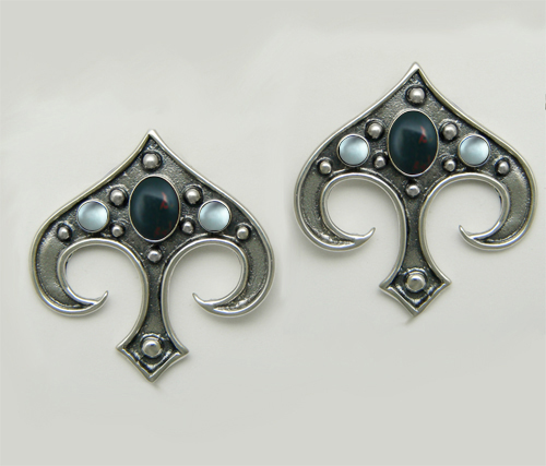 Sterling Silver Gothic Inspired Drop Dangle Earrings With Bloodstone And Blue Topaz